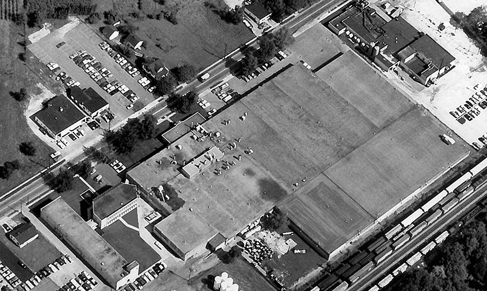 Aerial photo of Fasson’s Chester Street plant in Painesville, Ohio circa 1970s. Photo from the estate of John Kmetz.